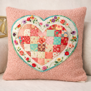 coussin cœur patchwork broderie main textile artisanal rose fait main france
